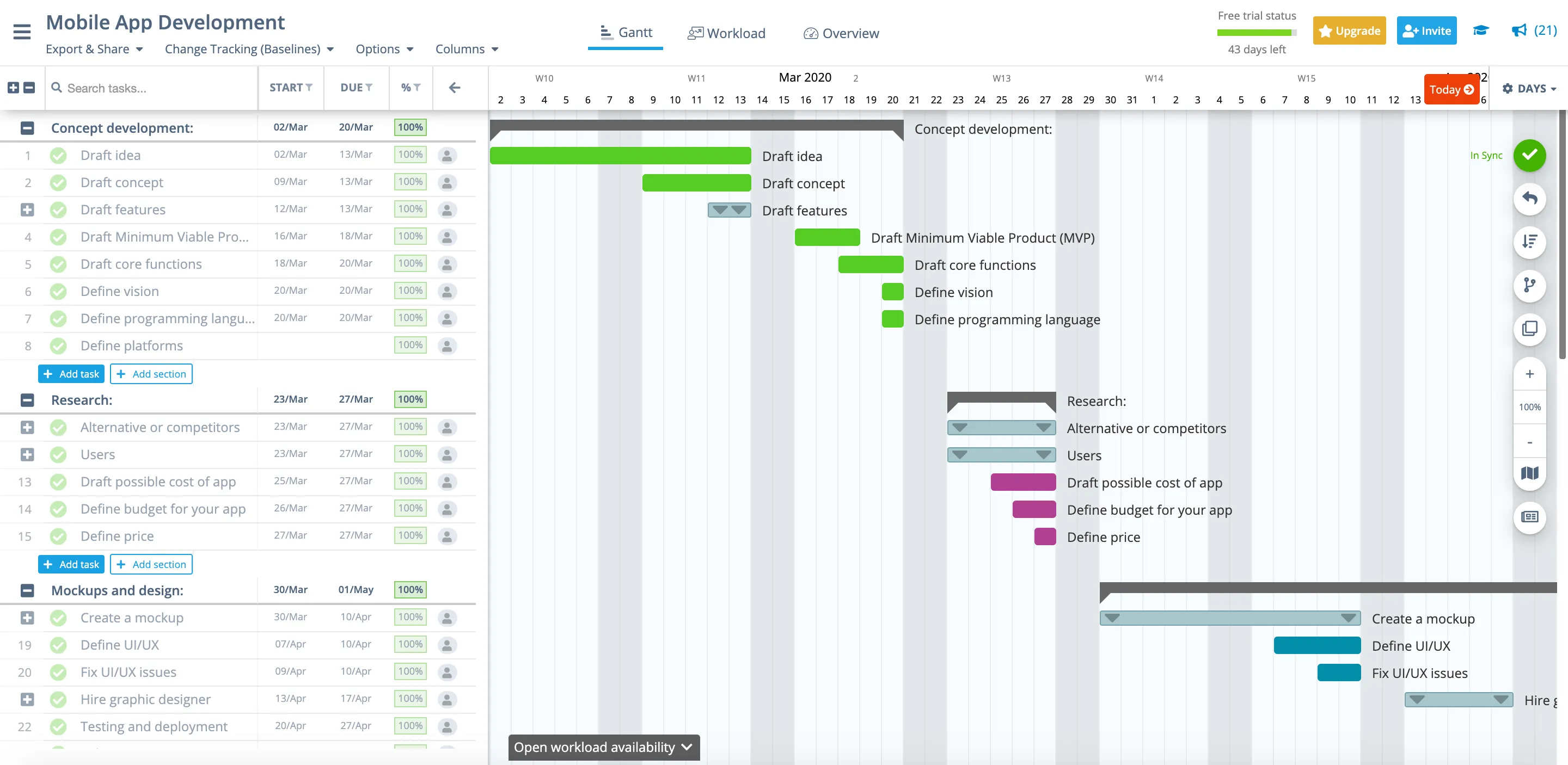 Capture d'écran du modèle de plan de projet de développement d'applications mobiles