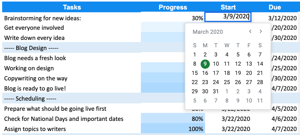 Exemplo de gráfico de Gantt para o Google Sheets