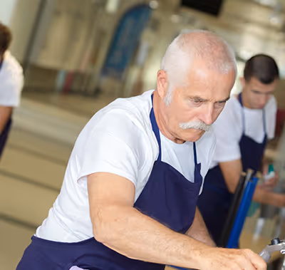Technician cleaning a community center.