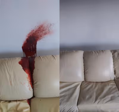 Before and after cleaning of fake blood.