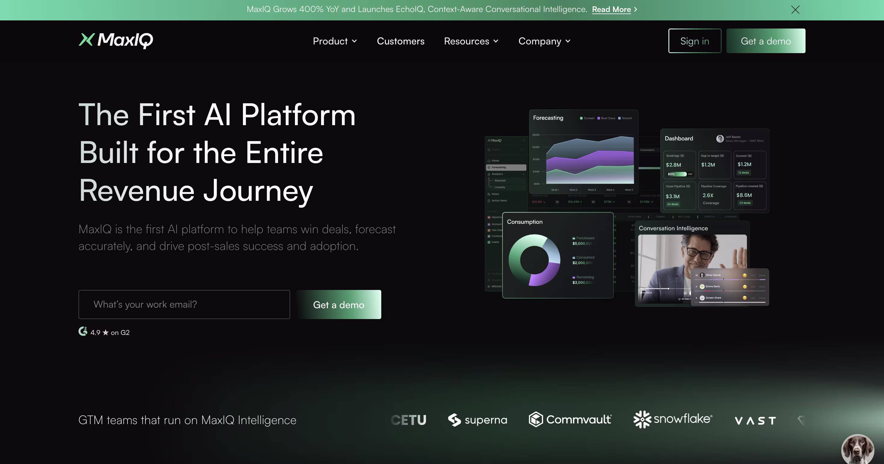 MaxIQ revenue intelligence platform website hero image
