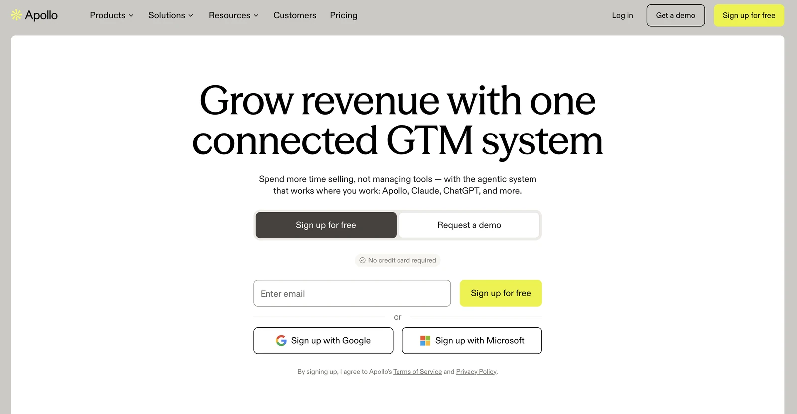 Apollo.io homepage hero with the headline Grow revenue with one connected GTM system and free signup options