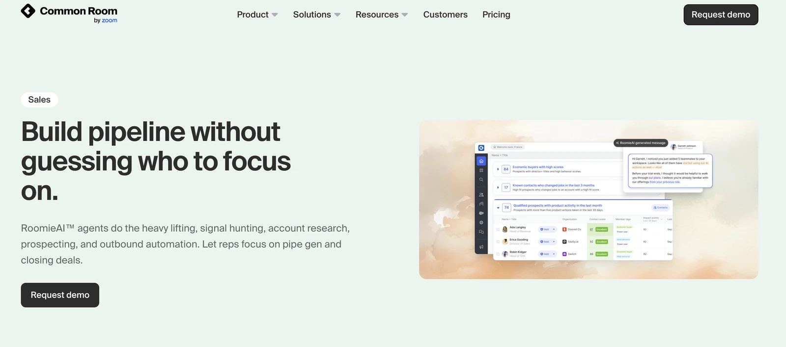 Common Room sales page with the headline Build pipeline without guessing who to focus on and an AI-prioritized prospect list