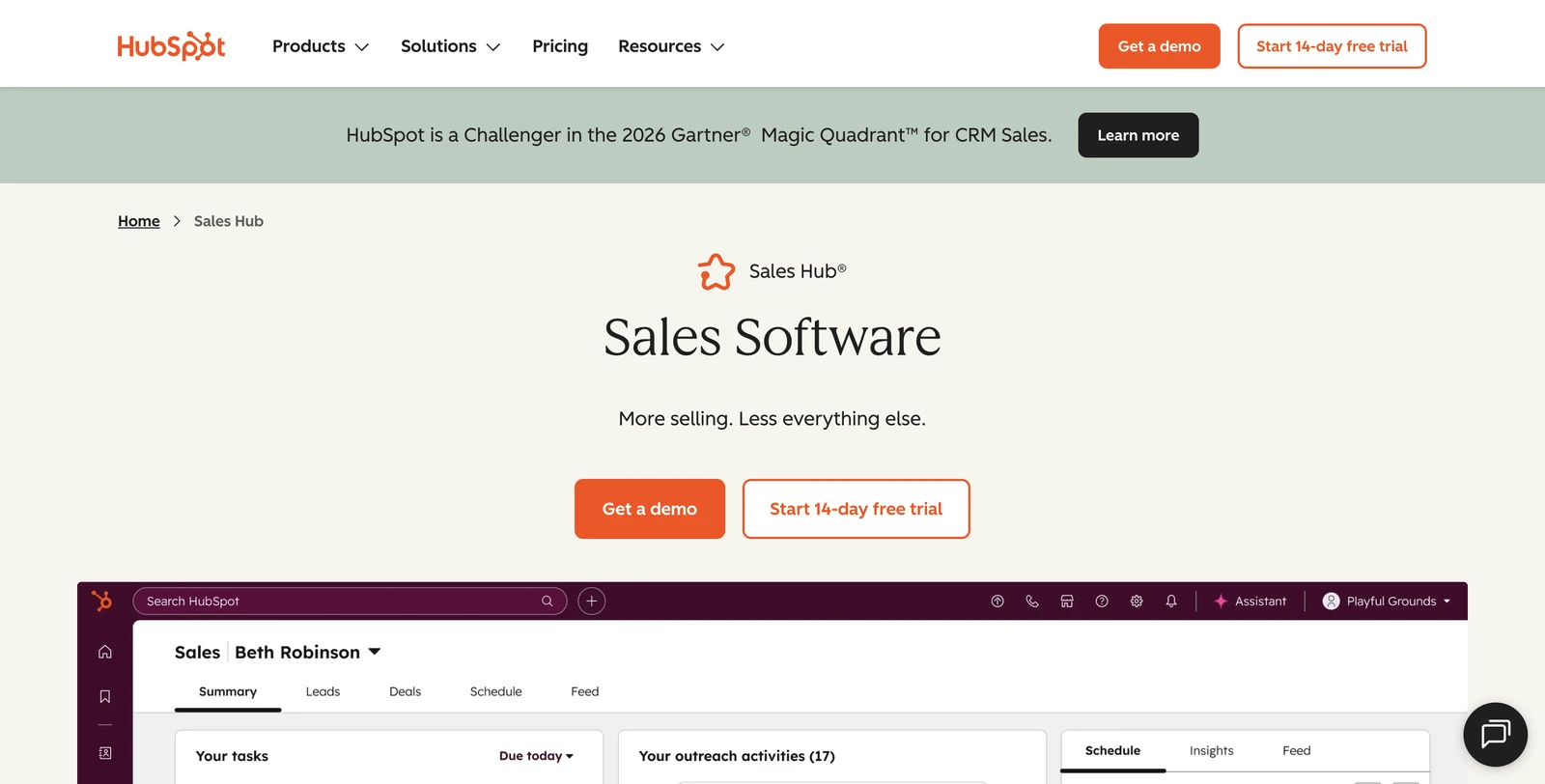 HubSpot Sales Hub product page showing the sales workspace with tasks and outreach activities