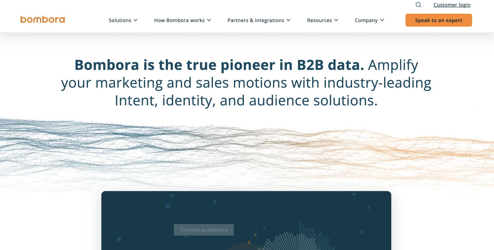 Bombora homepage describing its B2B intent, identity and audience data solutions