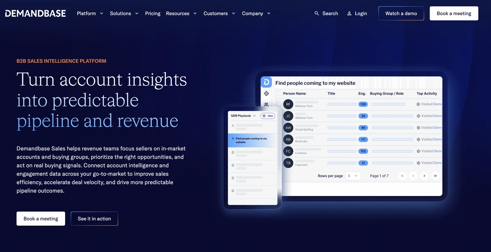 Demandbase B2B sales intelligence platform page showing website visitors with engagement scores and buying group roles