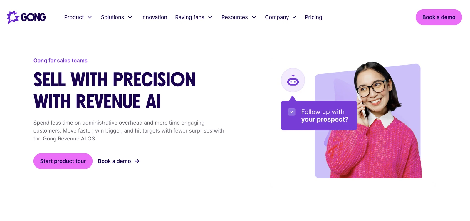 Gong for sales teams page with the headline Sell with precision with revenue AI