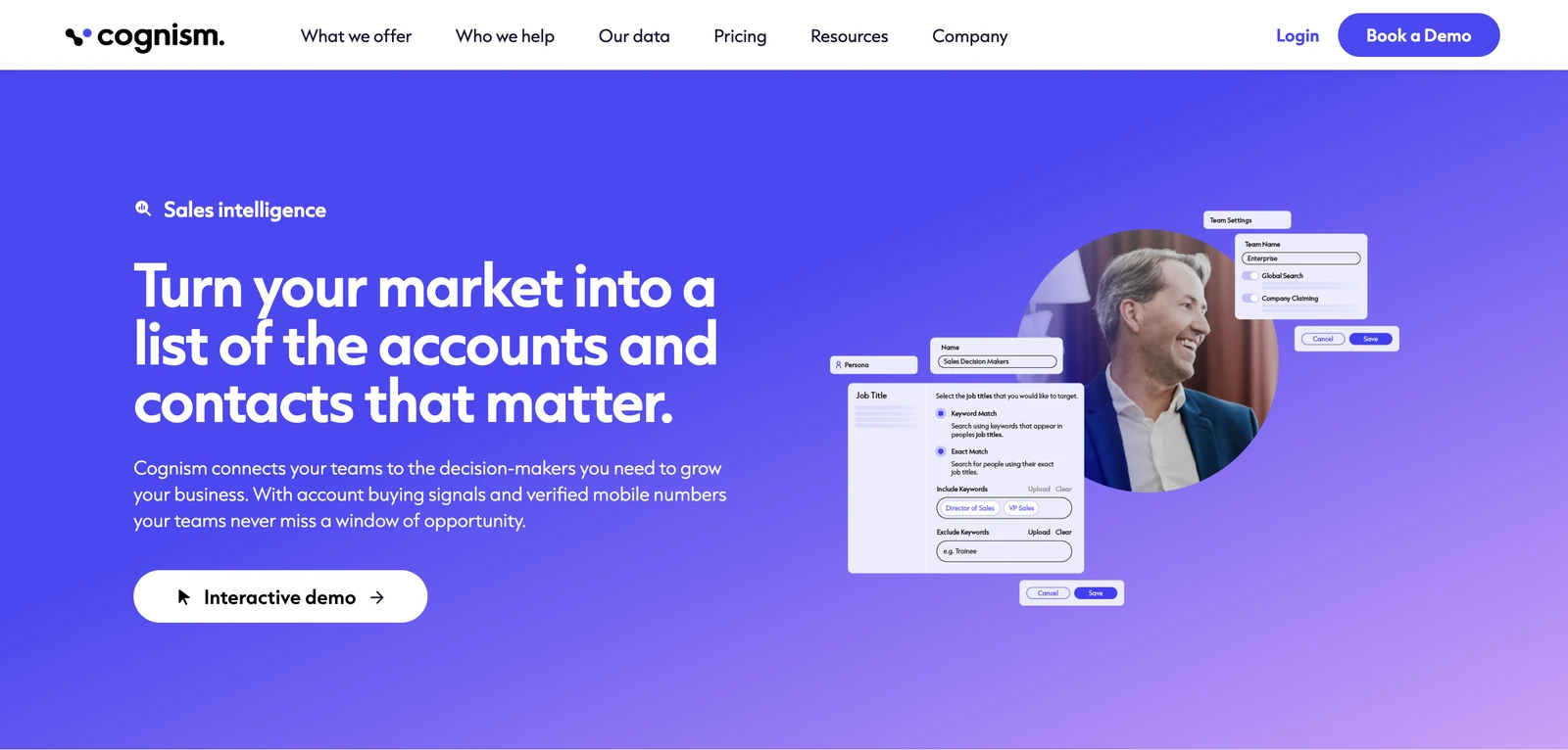 Cognism sales intelligence page with the headline Turn your market into a list of the accounts and contacts that matter