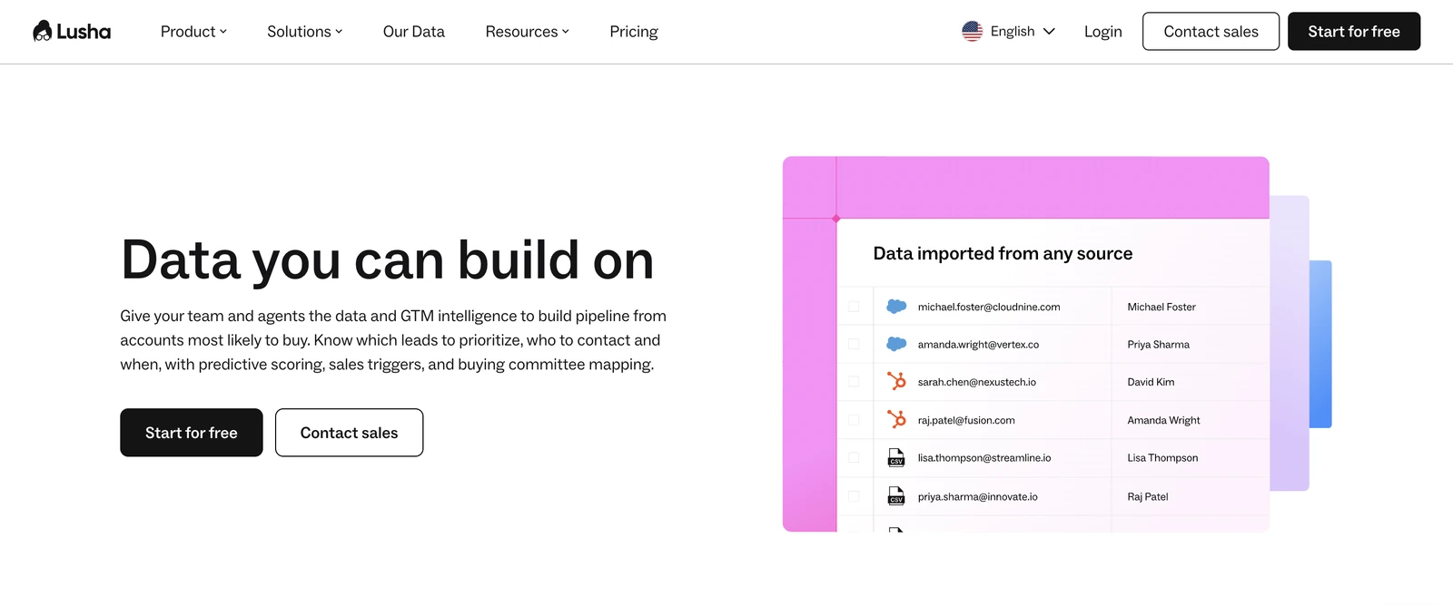 Lusha homepage hero with the headline Data you can build on and a contact data import table