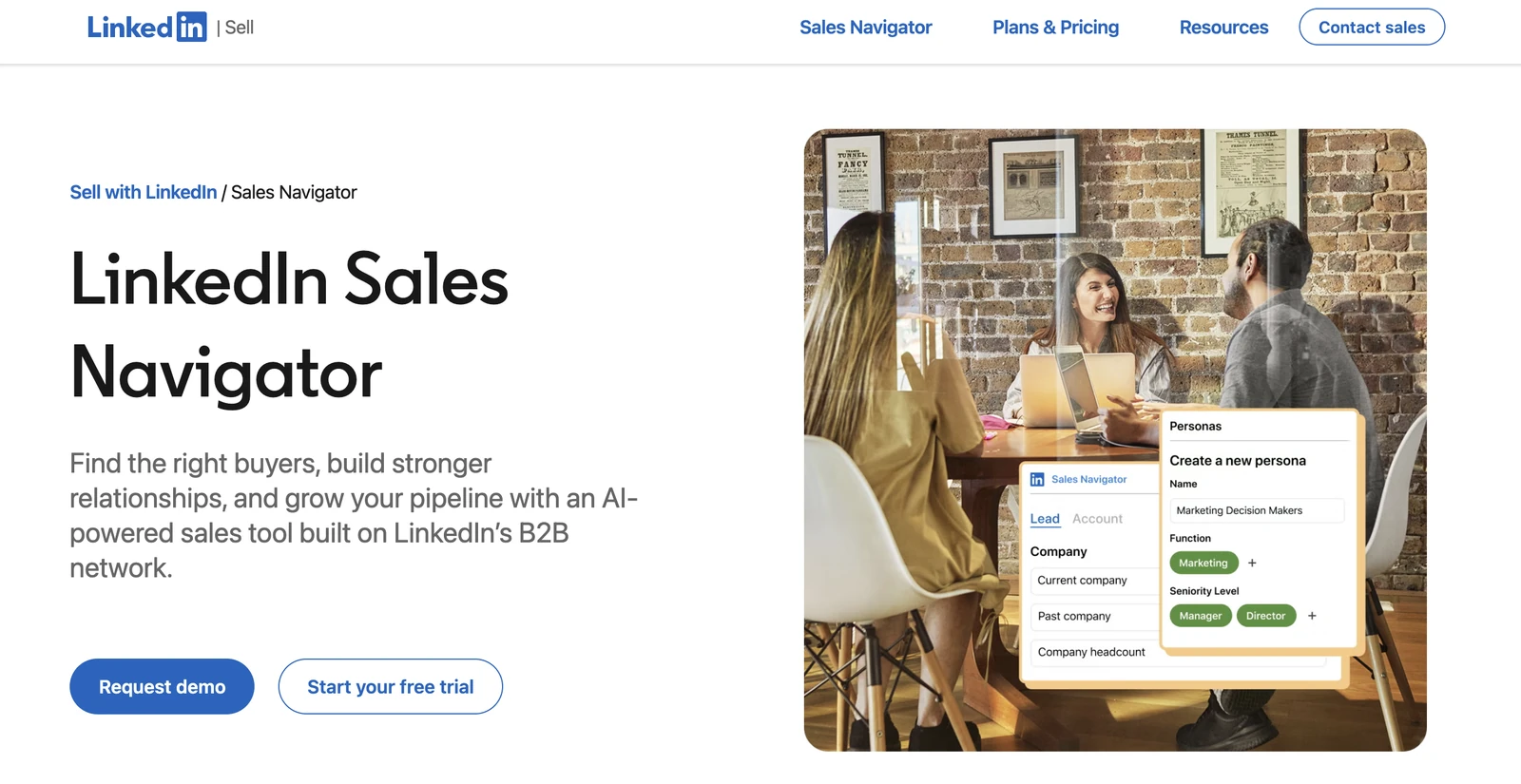 LinkedIn Sales Navigator product page with lead filters and a buyer persona builder