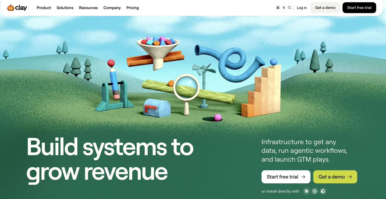 Clay homepage hero with the headline Build systems to grow revenue over a 3D illustration of data workflows