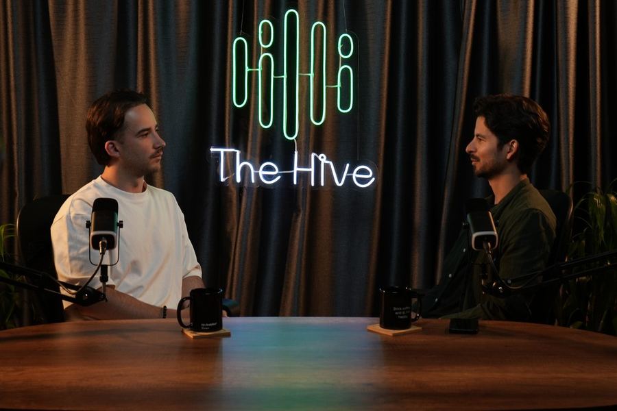 Two guests recording an episode of The Hive by Kin