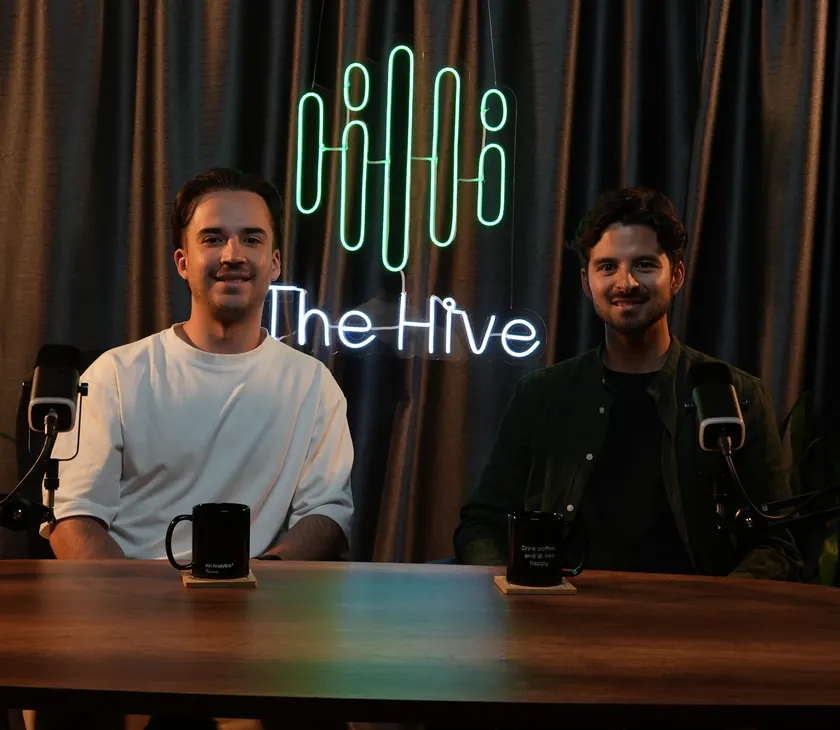 Two guests recording an episode of The Hive by Kin