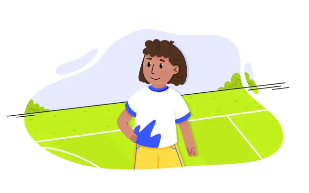 Illustration of a person with short curly hair, wearing a white shirt with blue accents and yellow pants, standing on a green sports field.
