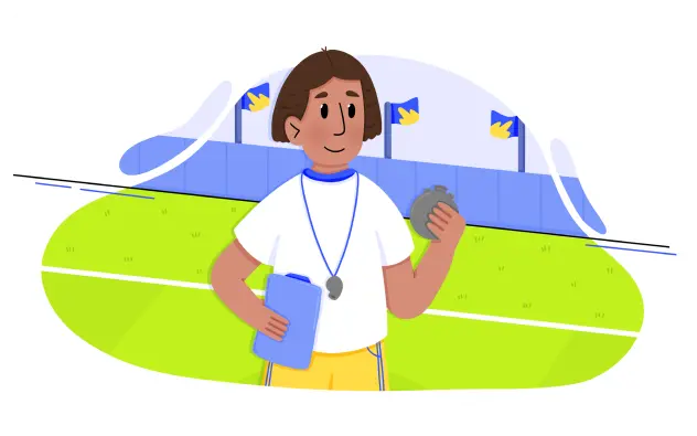 Cartoon coach standing on a sports field holding a stopwatch and clipboard, with flags in the background.