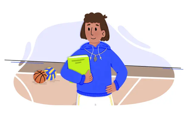 Person in blue hoodie holding a green book standing on a basketball court with a basketball and volleyball in the background.