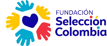 Logo of Fundación Selección Colombia featuring multicolored hands forming a circle around a blue heart.