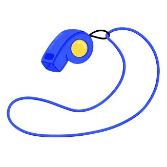 Blue whistle with a yellow button and blue lanyard looped beside it.