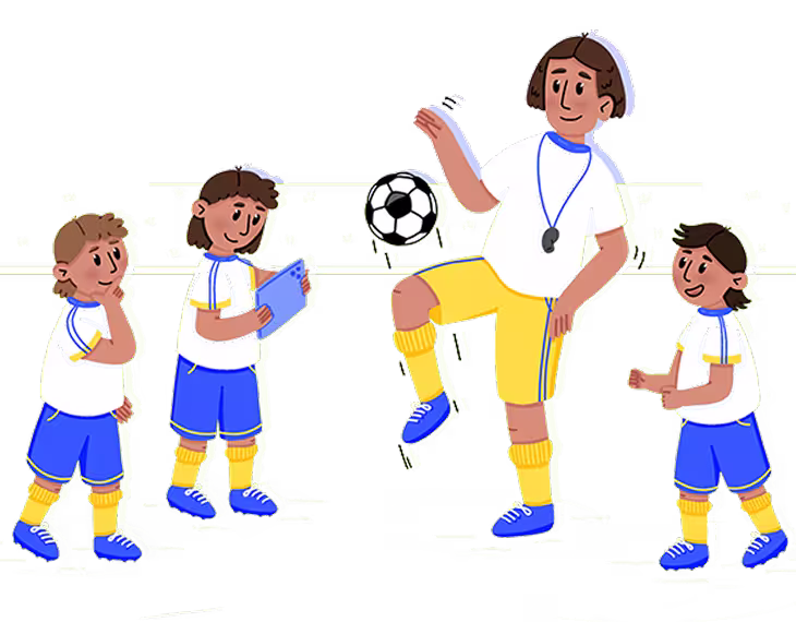 Coach demonstrating soccer skills with a ball while three children watch, one holding a clipboard.