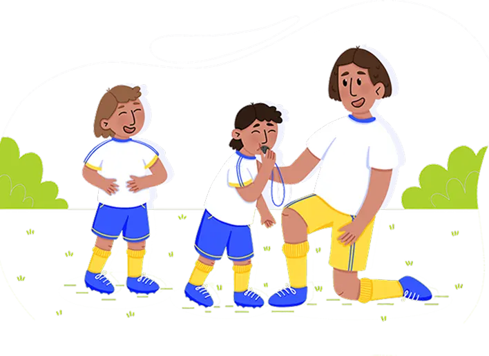 Coach kneeling and using a whistle while two children in sportswear stand nearby on a grassy field.