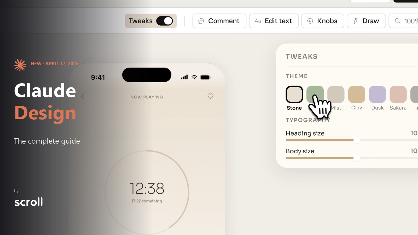 Claude Design interface showing a prompt-generated prototype with the Tweaks panel open