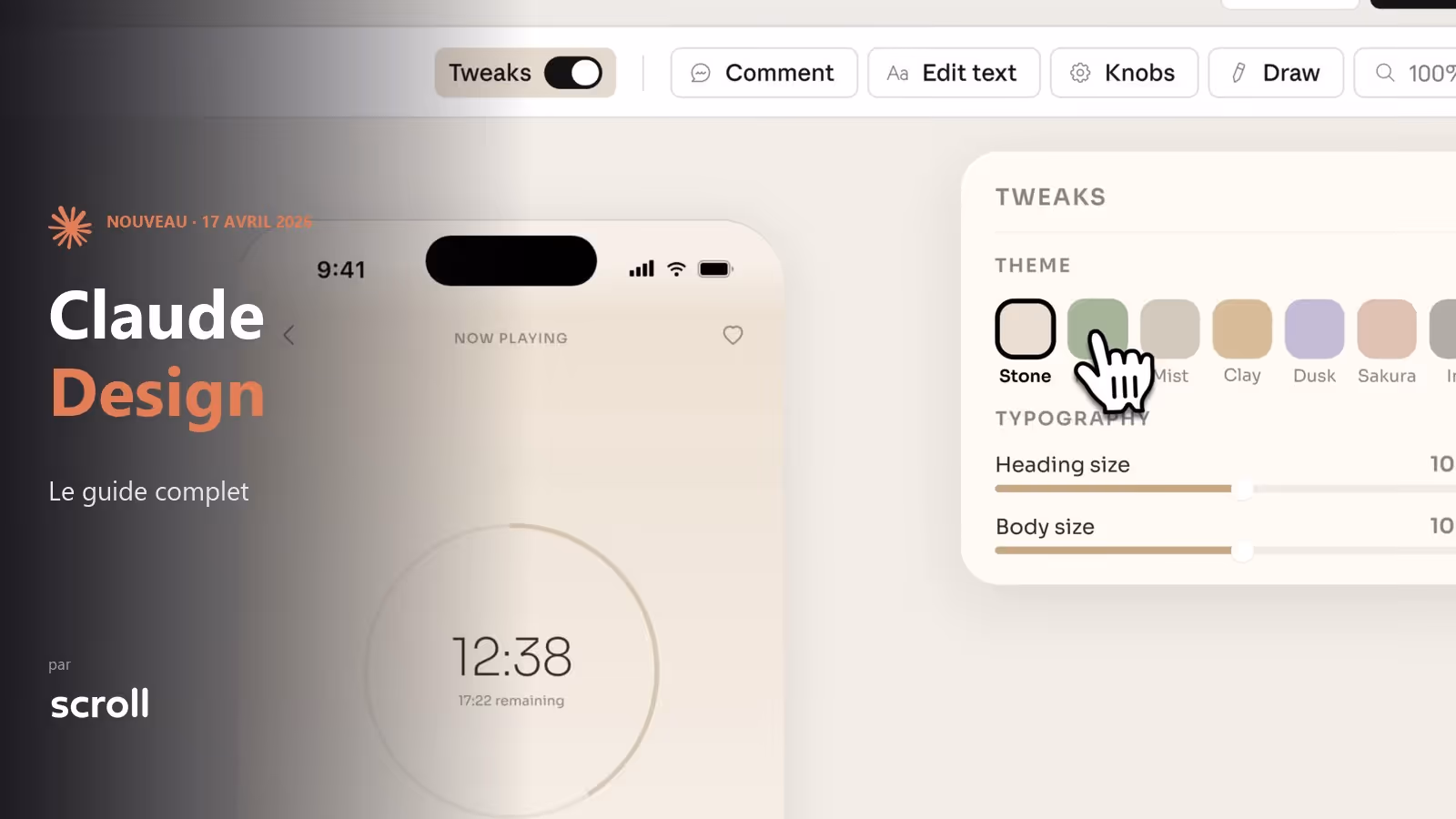 Interface Claude Design avec un prototype généré par prompt et le panneau Tweaks ouvert