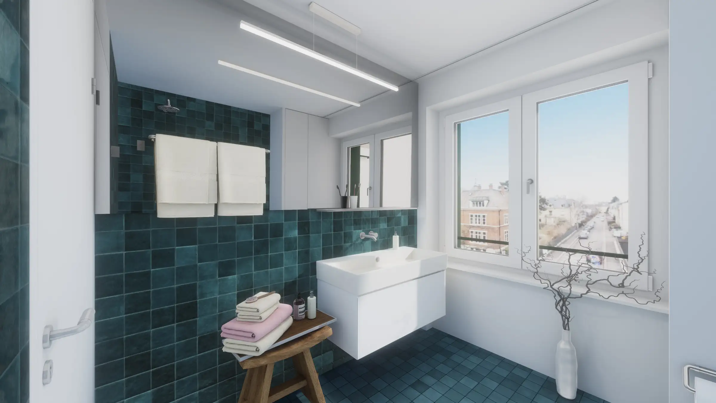 Ausblick aus dem Badezimmer. 