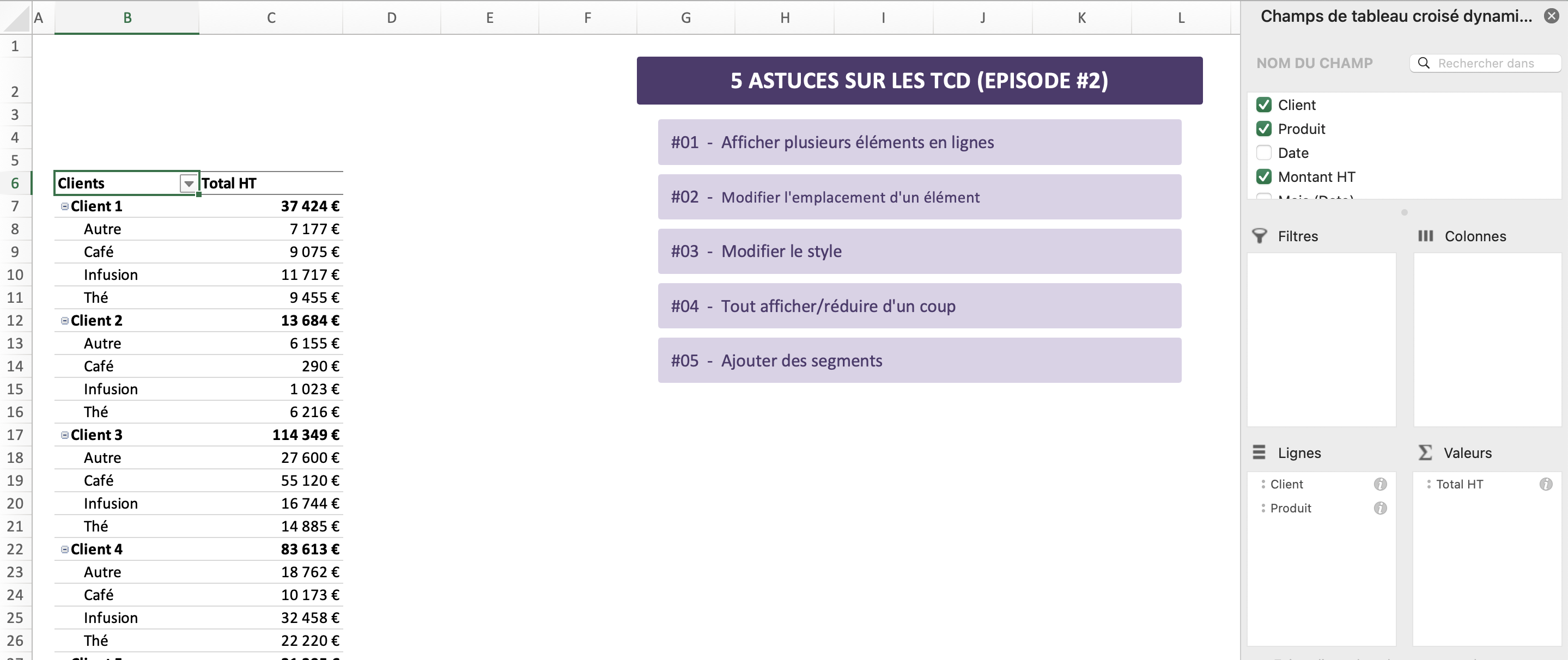 Tableau avec deux données dans le champ des lignes