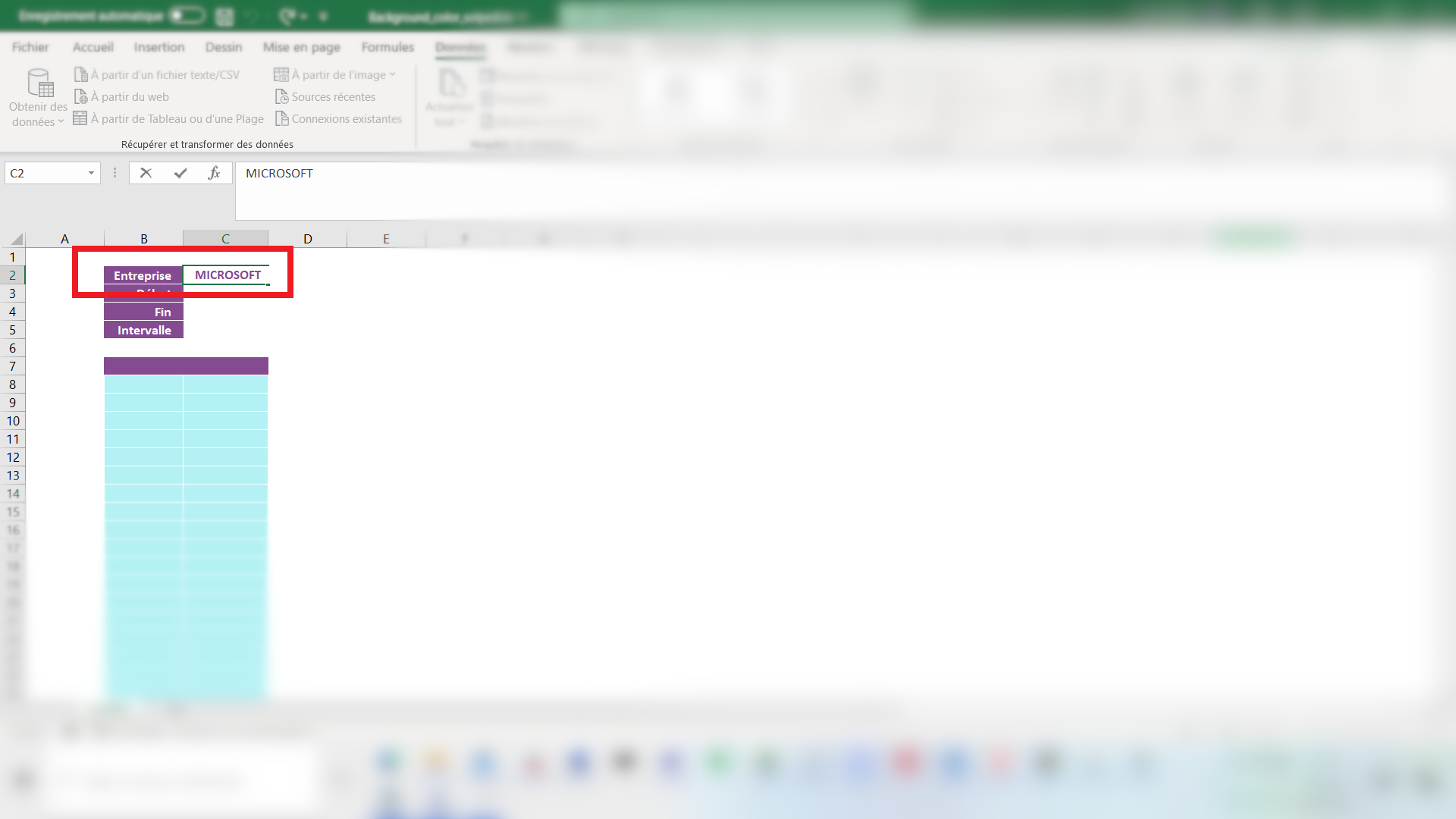 Remplir le champ "Entreprise" dans le tableau Excel