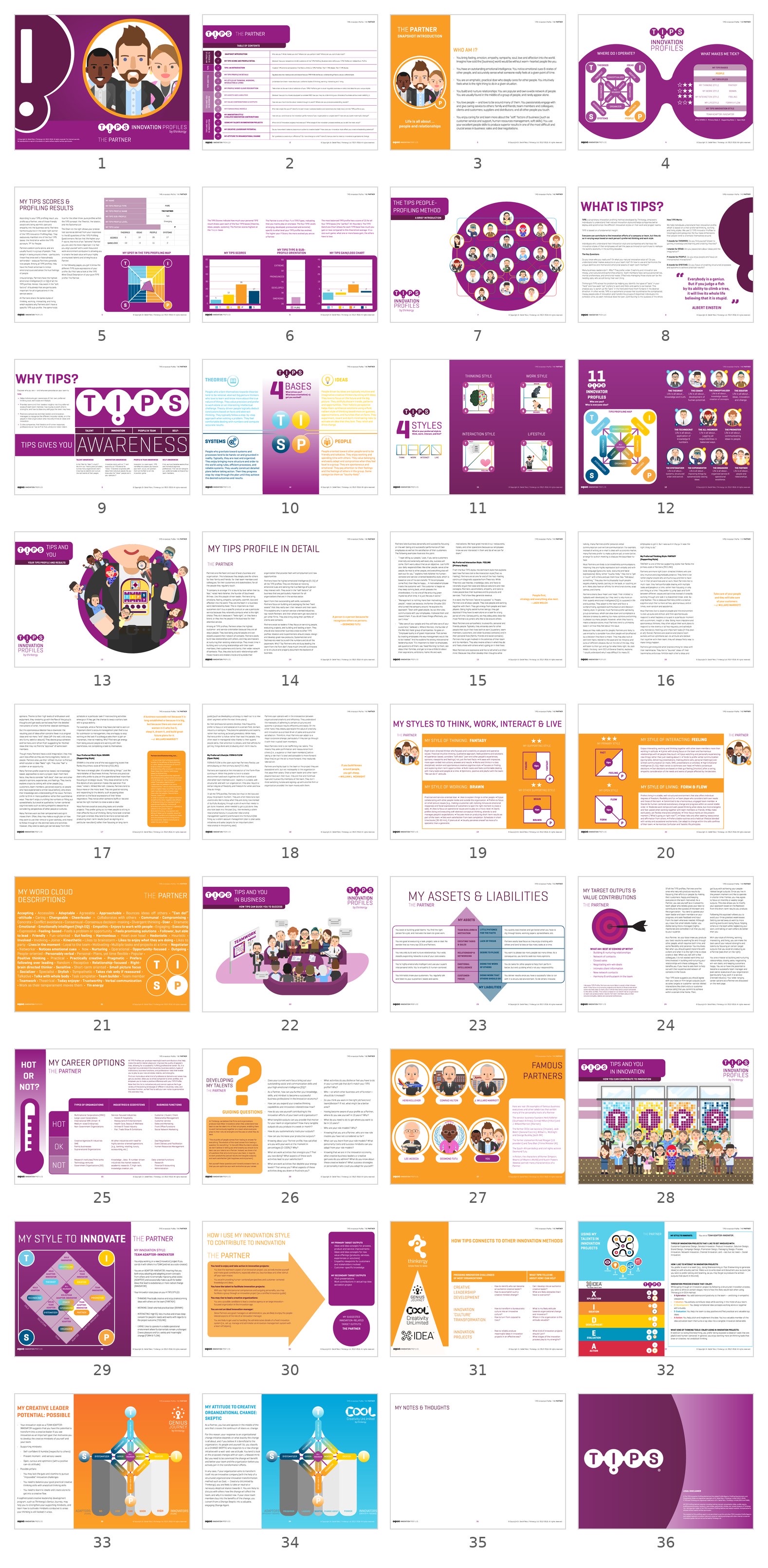 Sample 36-page TIPS talent assessment report for the Partner profile, covering profiling results, the four TIPS styles, assets and liabilities, career options, and innovation style.