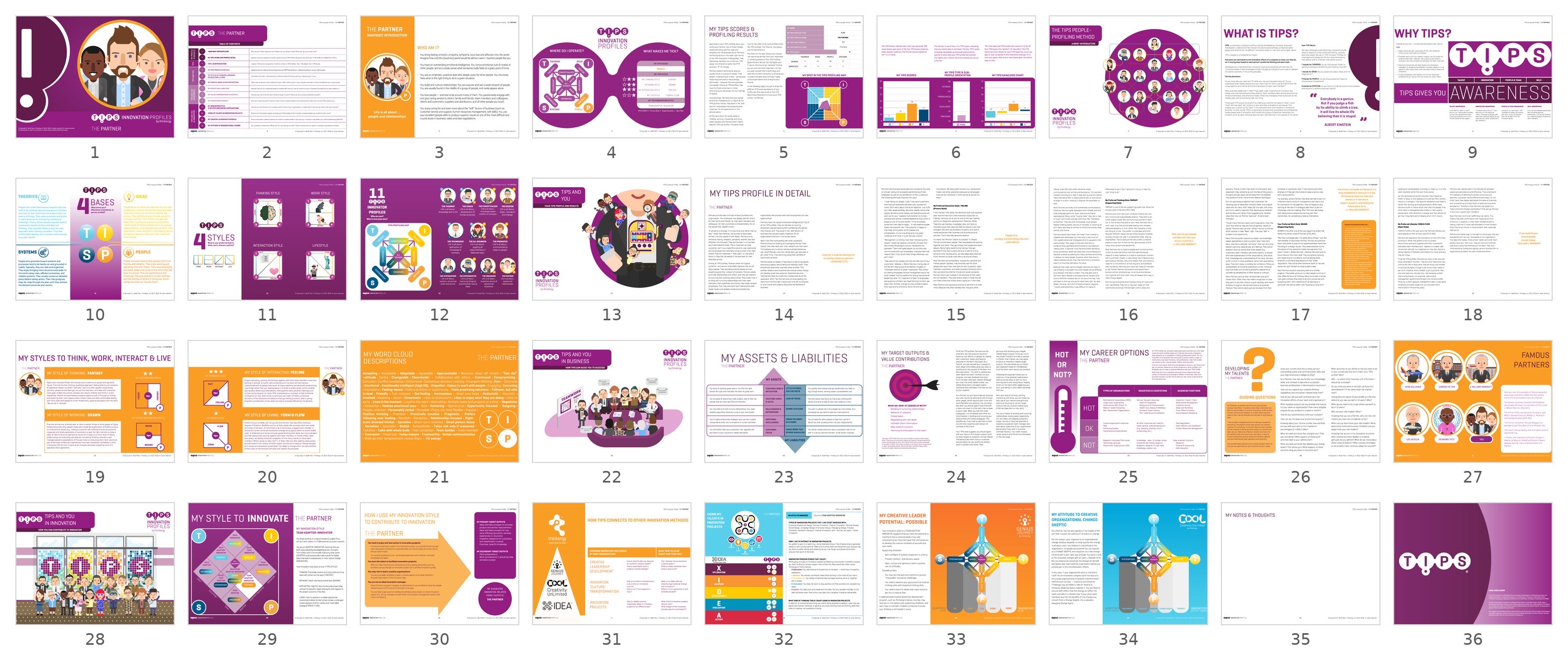 Sample 36-page TIPS talent assessment report for the Partner profile, covering profiling results, the four TIPS styles, assets and liabilities, career options, and innovation style.