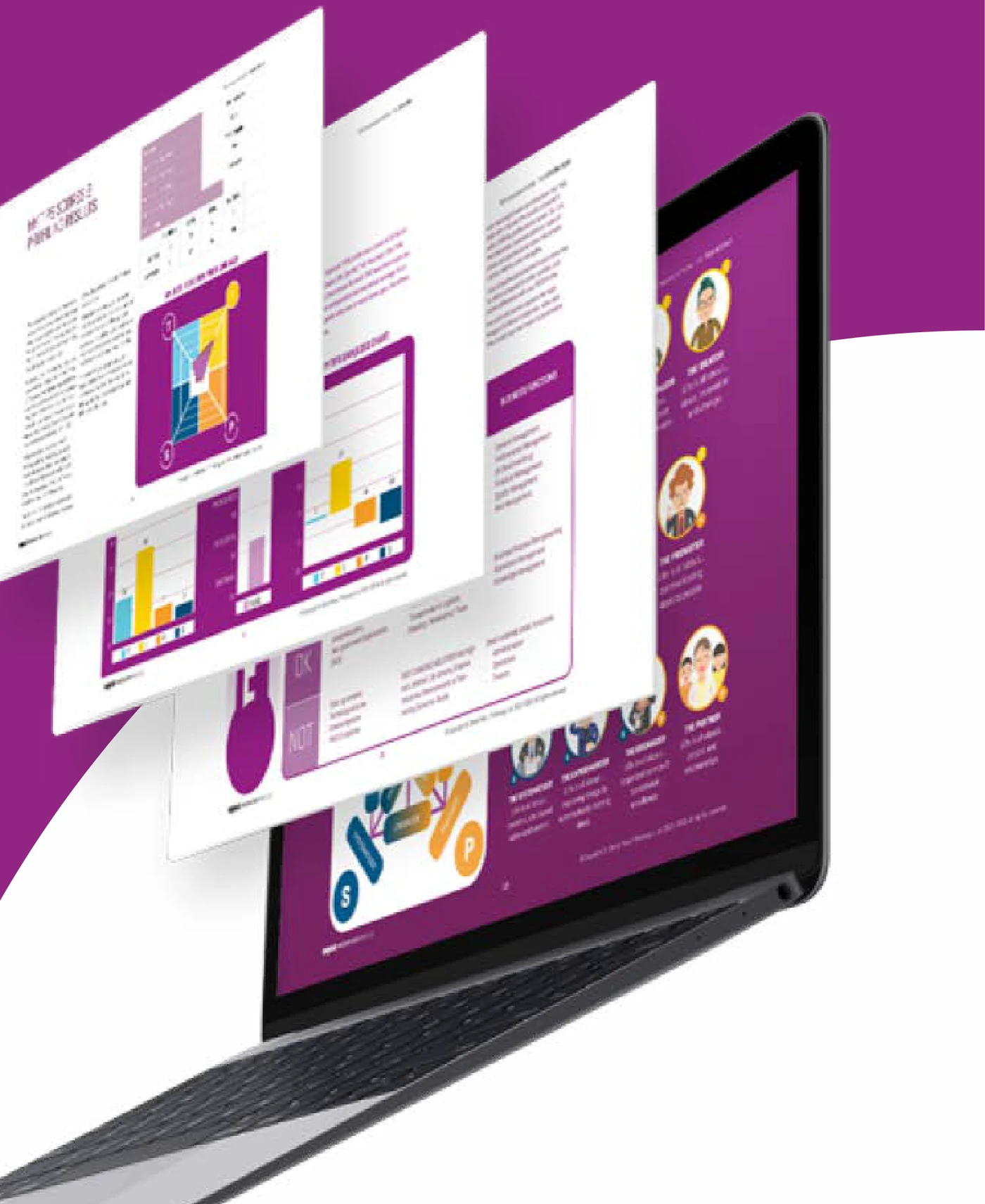 Pages of a TIPS profiling report fanning out from a laptop