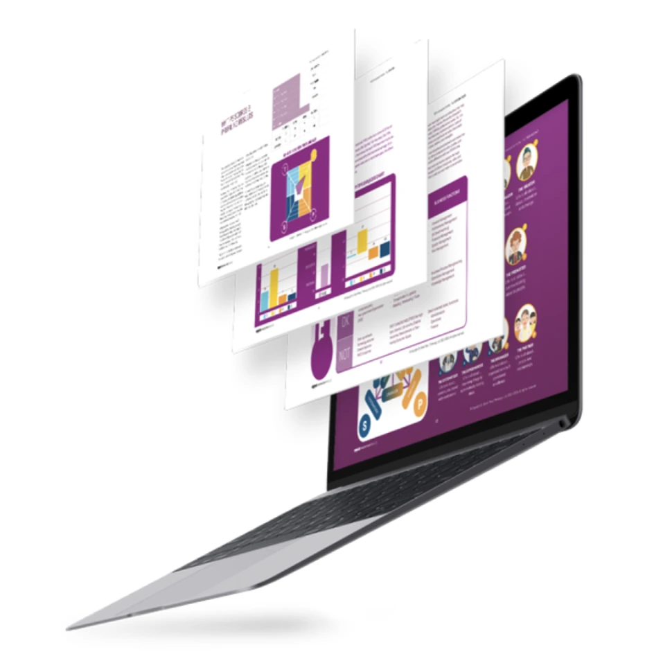 Pages of a TIPS profiling report fanning out from a laptop