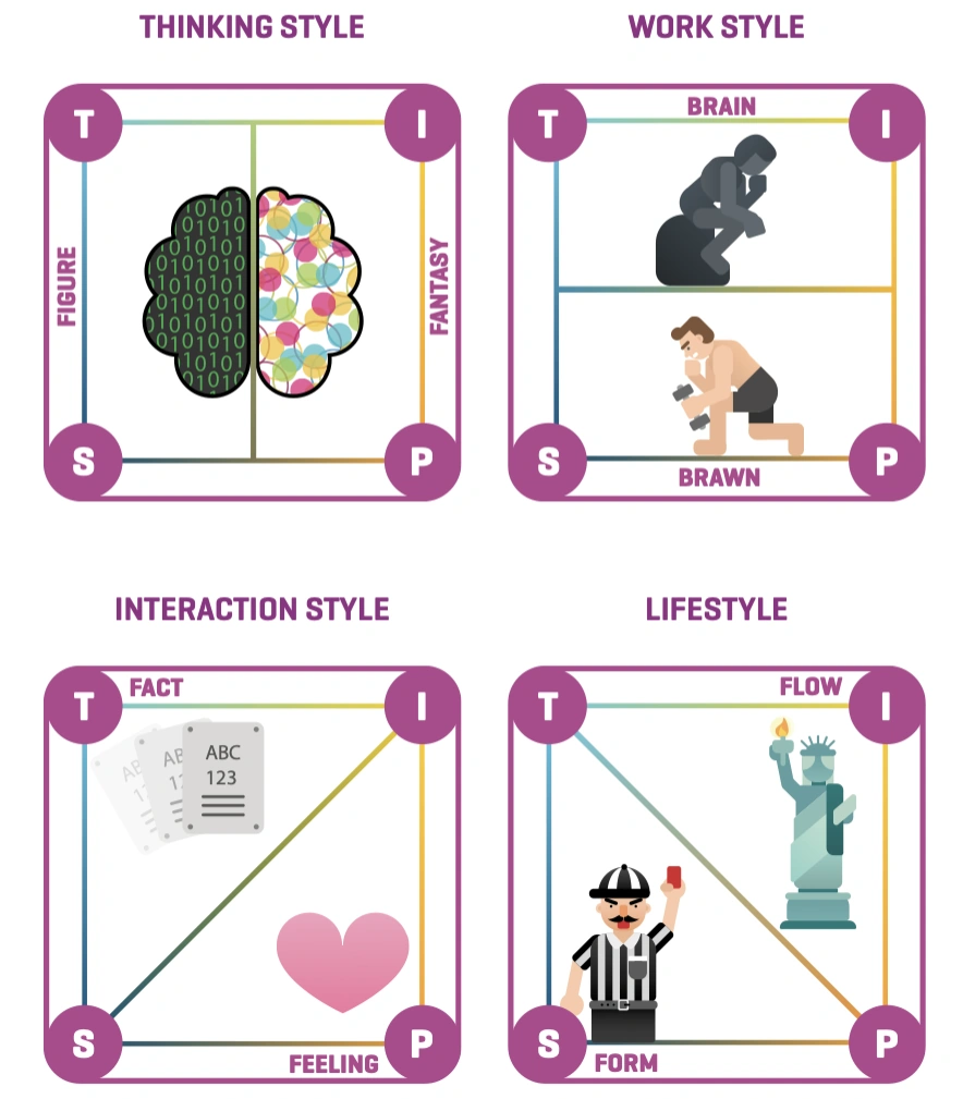 The four TIPS Styles: Thinking Style (Figure or Fantasy), Work Style (Brain or Brawn), Interaction Style (Fact or Feeling) and Lifestyle (Form or Flow)