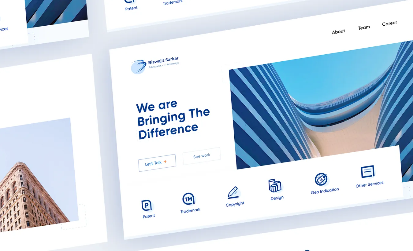 Website homepage for Biswajit Sarkar Advocates - IP Attorneys with blue striped modern architecture image and icons for patent, trademark, copyright, design, geo indication, and other services.