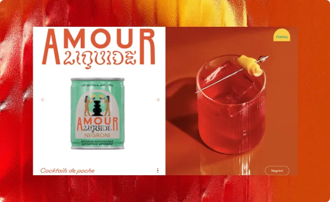 Can of Amour Liquide Negroni cocktail and a glass of Negroni with an orange peel garnish on an orange background.