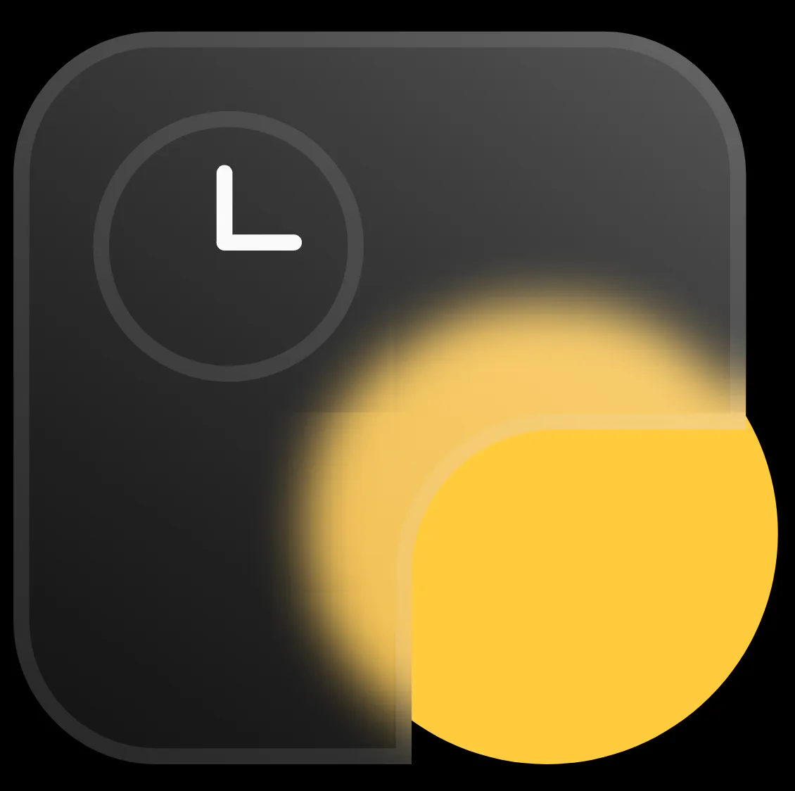 Dark square icon with rounded corners featuring a white clock symbol in the top left and a glowing yellow semicircle in the bottom right.