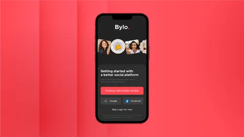 Smartphone displaying Bylo app login screen with options to continue with mobile number, Google, or Facebook on a red gradient background.