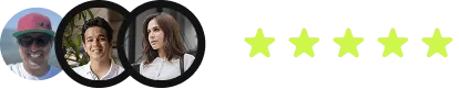 Three people smiling and a 5-star rating with four stars outlined in yellow and one star solid yellow.