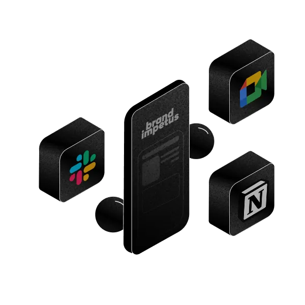 3D illustration of a smartphone with 'brand impetus' text and icons for Slack, Google Meet, and Notion floating around it.