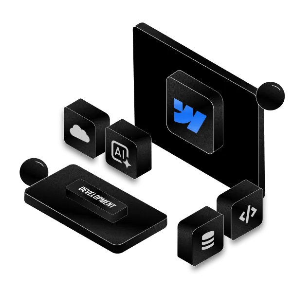 3D isometric graphic representing software development with icons for cloud, AI, coding, and database around a development platform and a central screen with a blue stylized 'W' logo.