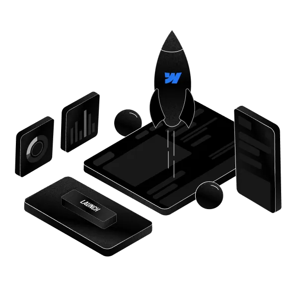 Black rocket launching from a large smartphone screen surrounded by smaller digital interface elements and a black launch button.