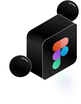 3D black cube with the colorful Figma logo on one side and two black spheres attached on opposite edges.