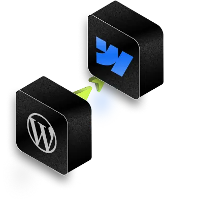 Two black cubes with logos connected by a green arrow; the left cube shows the WordPress logo and the right cube shows the Webflow logo.