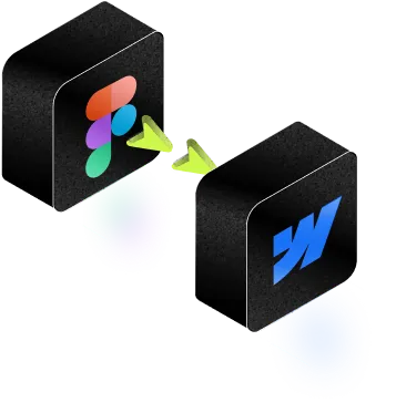 Illustration showing data flow from the Figma logo on a black cube to the Webflow logo on another black cube connected by green arrows.