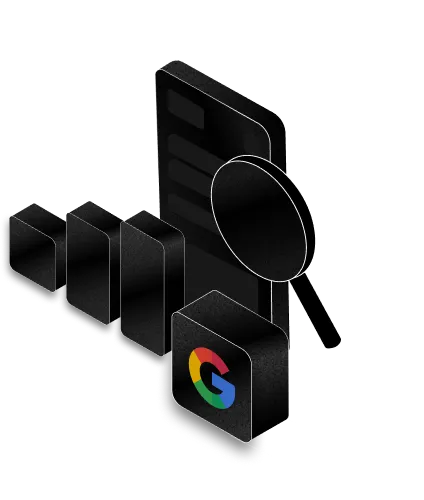 3D illustration of a mobile device screen with a magnifying glass and the Google logo among a series of block elements.