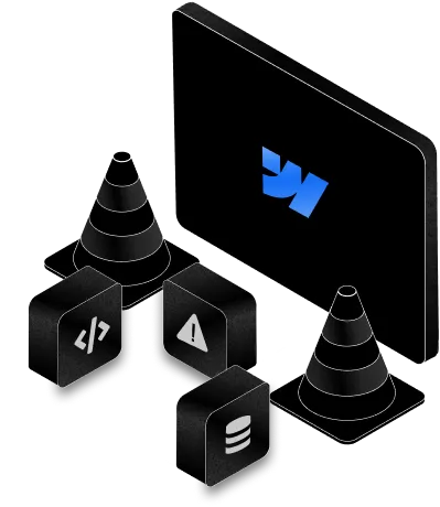 Isometric icons featuring a laptop with a blue logo, three black cones, and three black blocks showing code, warning, and database symbols.