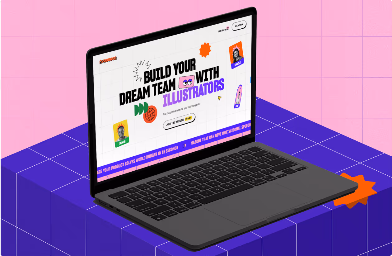 Laptop on a purple cube with screen displaying 'Build your dream team with illustrators' in bold text and cartoon icons.