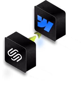Two black cubes with logos connected by a green arrow; the left cube shows the WordPress logo and the right cube shows the Webflow logo.