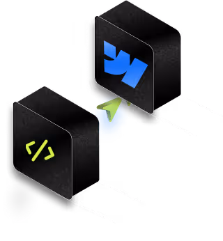Isometric icons featuring a laptop with a blue logo, three black cones, and three black blocks showing code, warning, and database symbols.